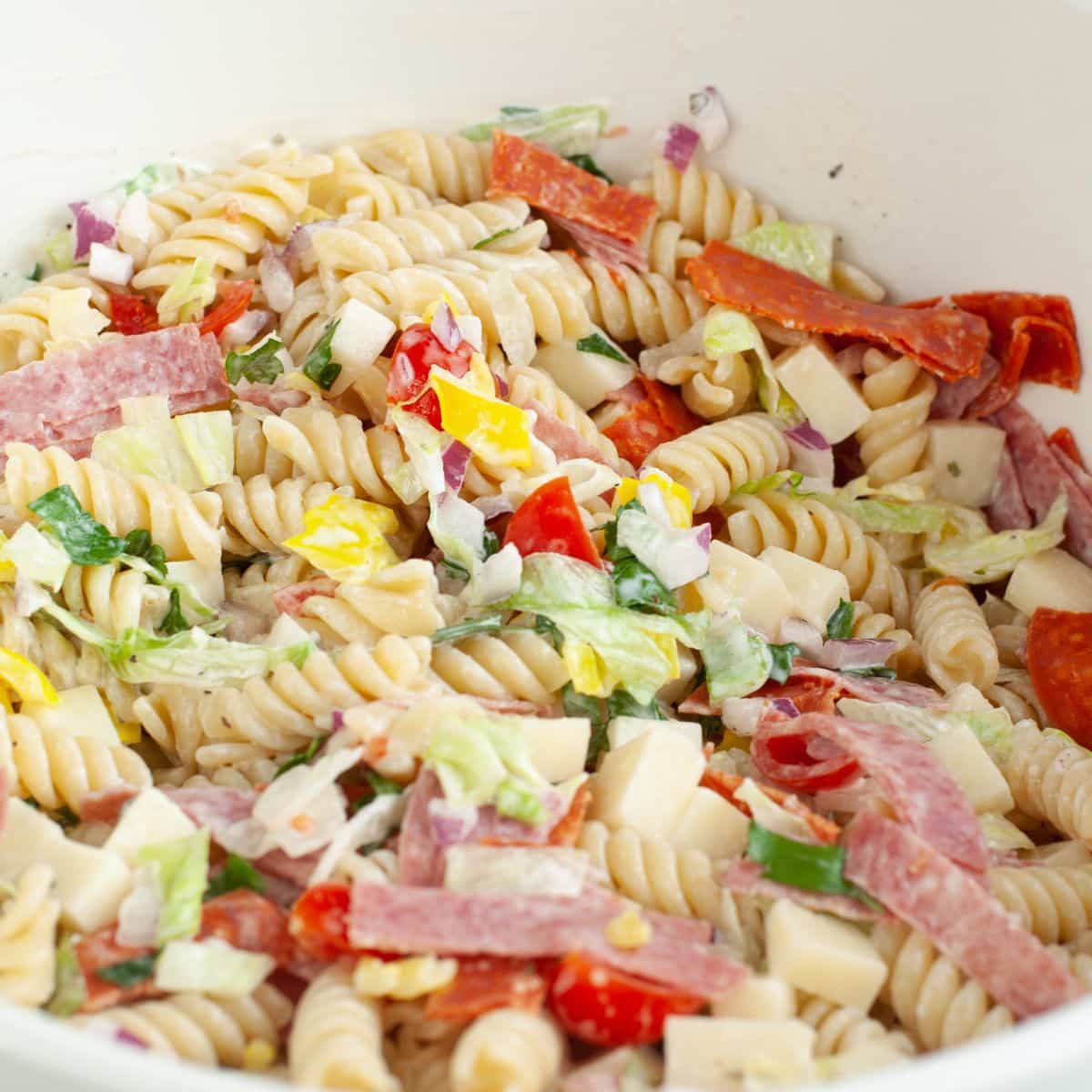 Bowl of Italian pasta salad. 