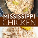 Slow cooker with shredded chicken and pepperoncini peppers.