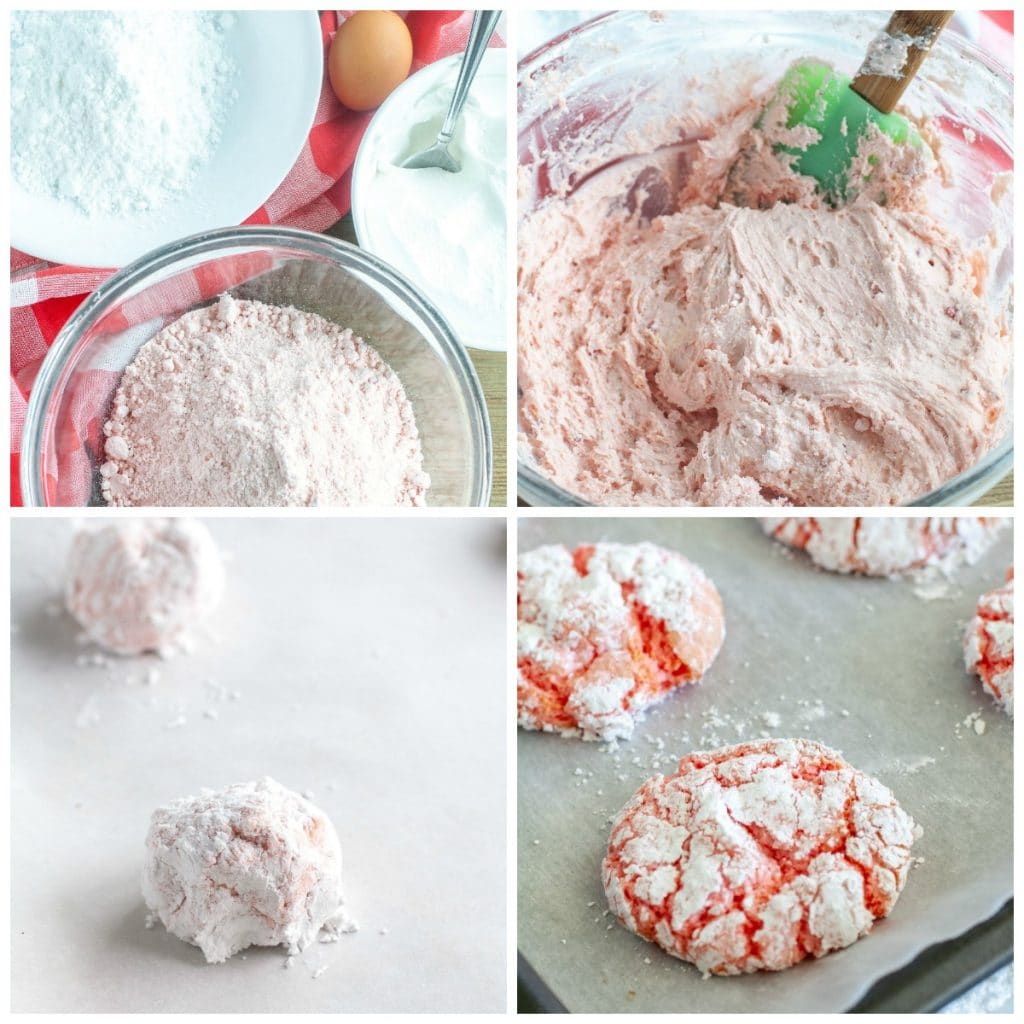 Strawberry cookie dough in a bowl and then rolled into cookies and then baked