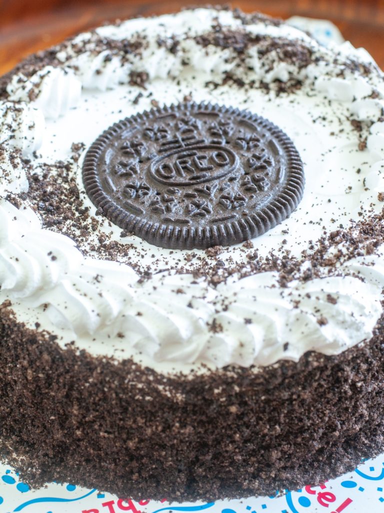 Oreo ice cream cake on a platter