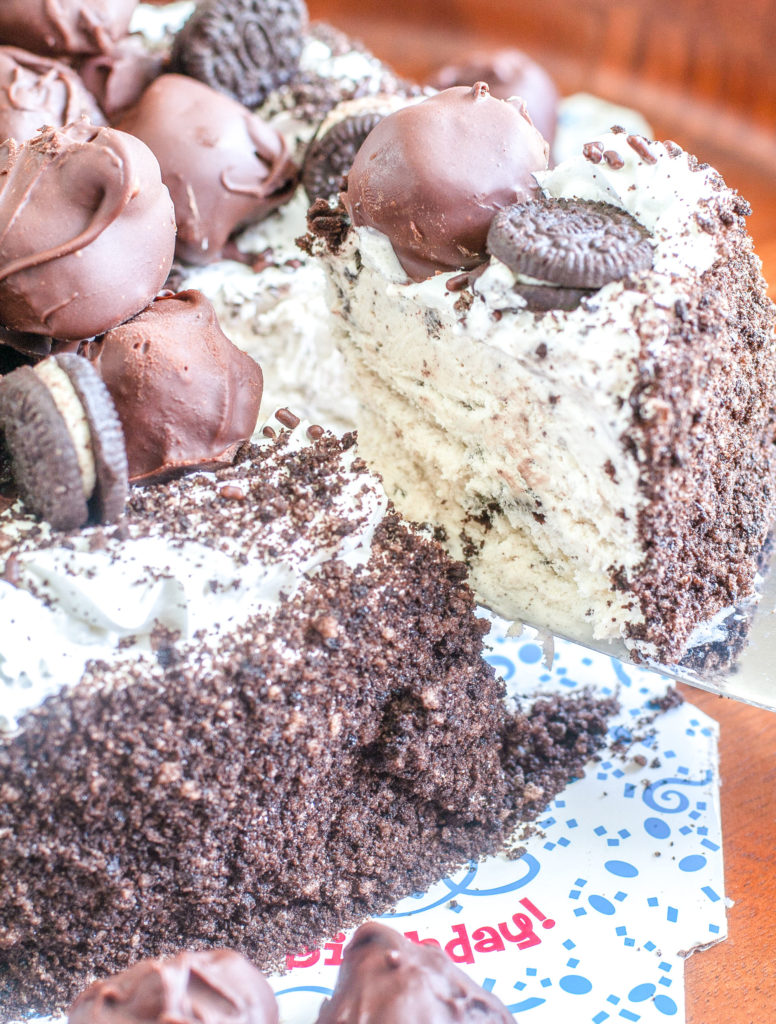 Piece of ice cream cake on a cake knife