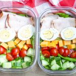 Container with hard boiled eggs, turkey and vegetables.