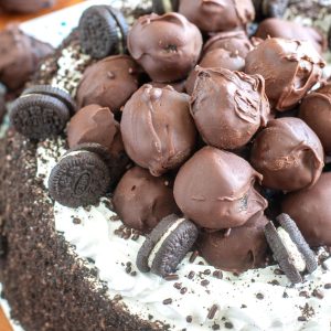 Oreo ice cream cake topped with Oreos.