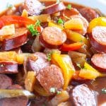 Bowl with sausages and peppers.