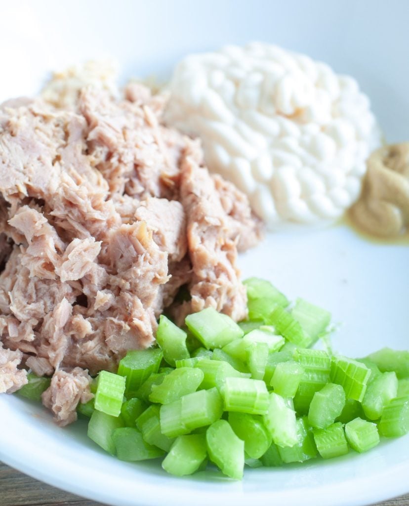 Tuna, mayonnaise, celery and mustard in a bowl. 