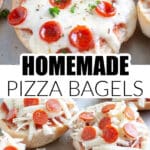 Pizza bagels on a pan.