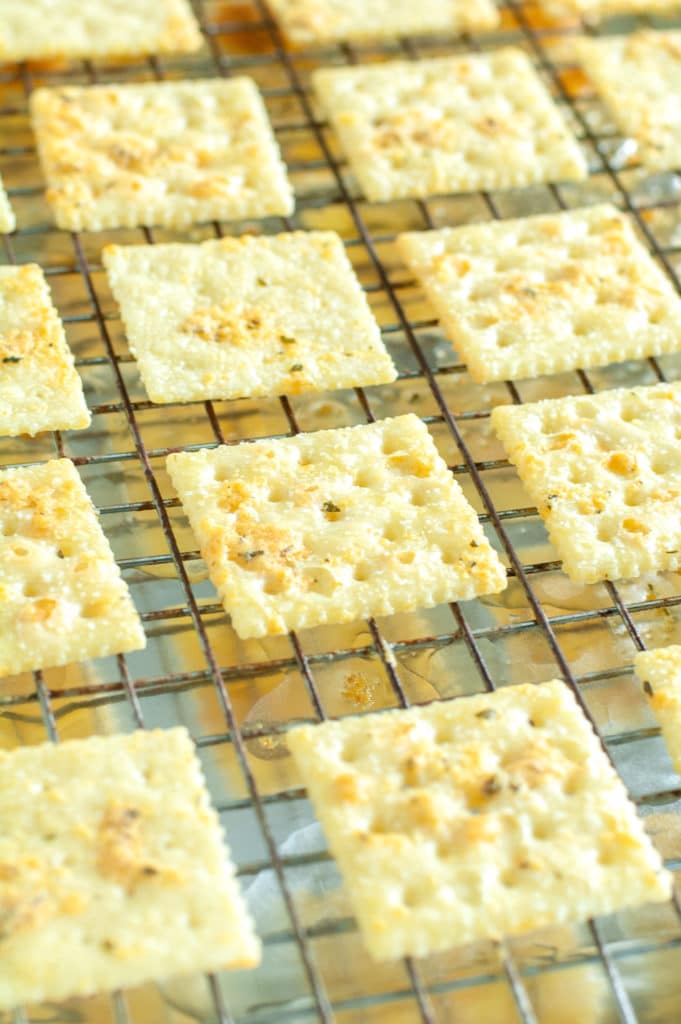 Crackers cooling on a wire rack. 