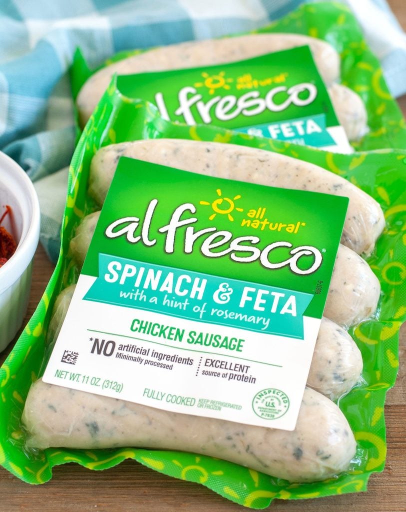 Package of al fresco Spinach and Feta chicken sausage