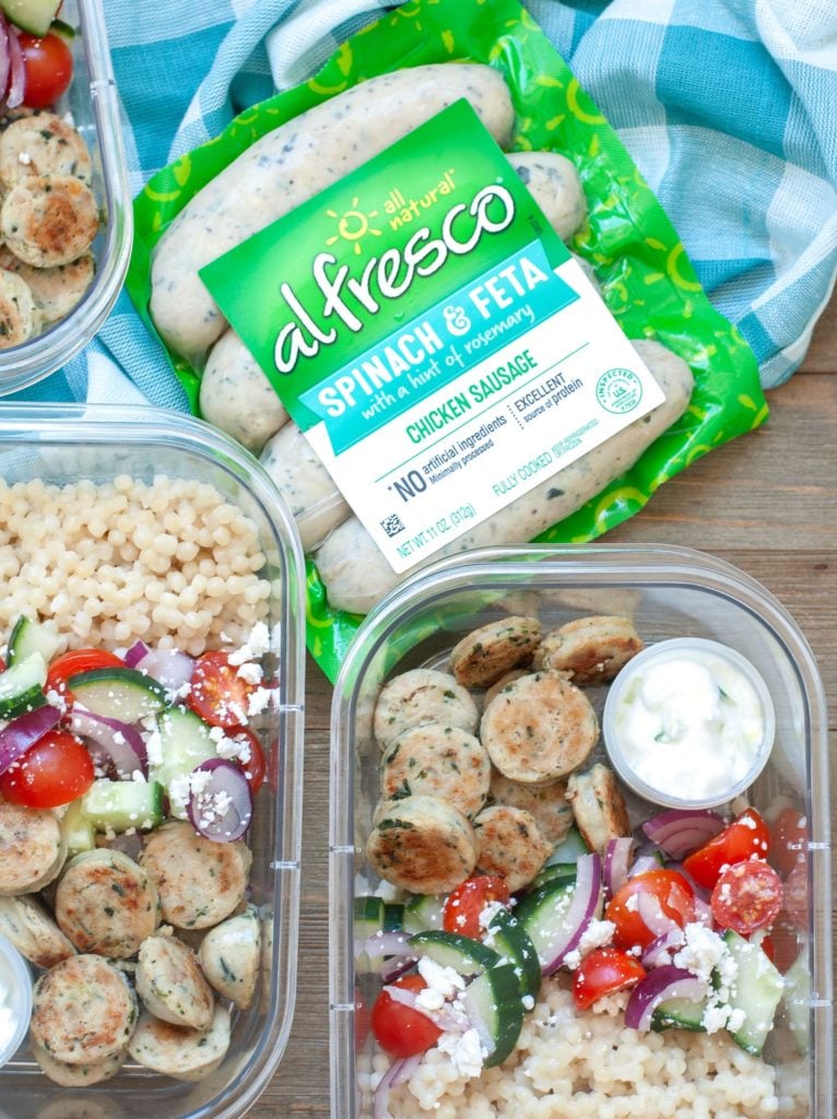 Package of al fresco sausage beside 2 meal prep bowls