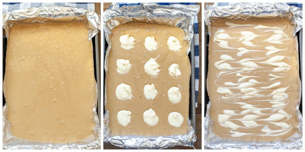 One picture of batter in a baking pan, next picture topped with cream cheese, third picture marbled cream cheese blondies