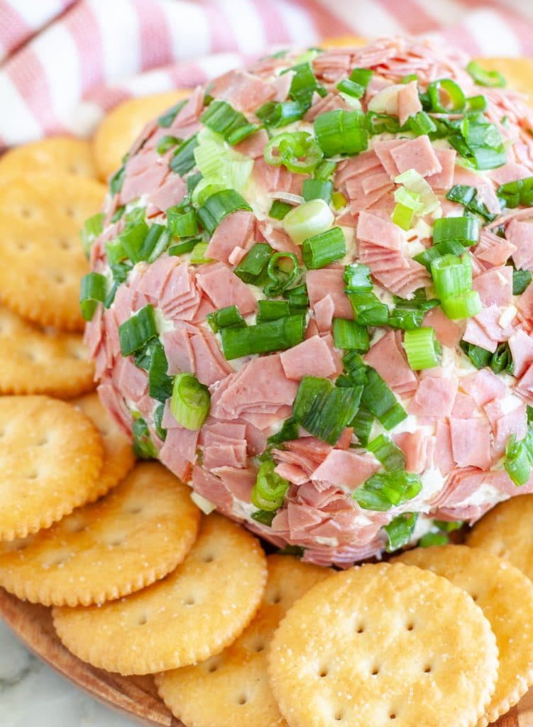 Cheese ball on plate with crackers
