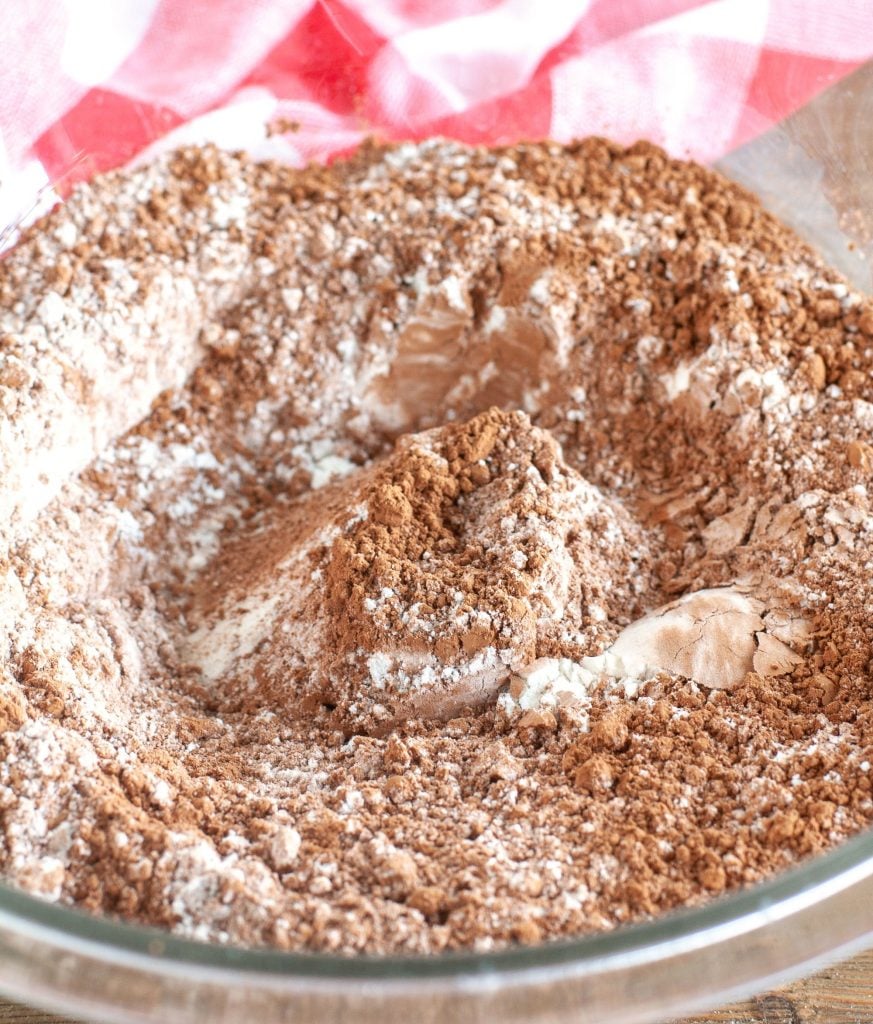 bowl of cocoa, flour mixture for brownies 