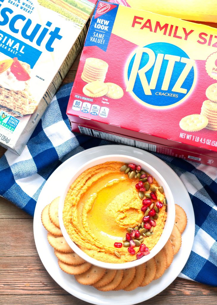 Bowl of pumpkin hummus with RITZ crackers