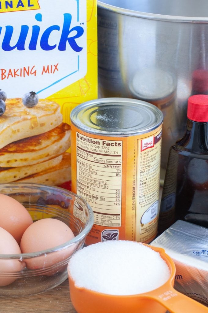 Ingredients for Pumpkin Cheesecake, Bisquick, pumpkin can, eggs, sugar, cream cheese