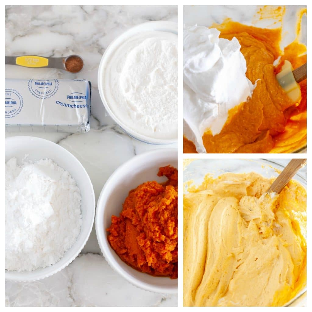 Pumpkin puree, cool whip, sugar and pie spice in a bowl
