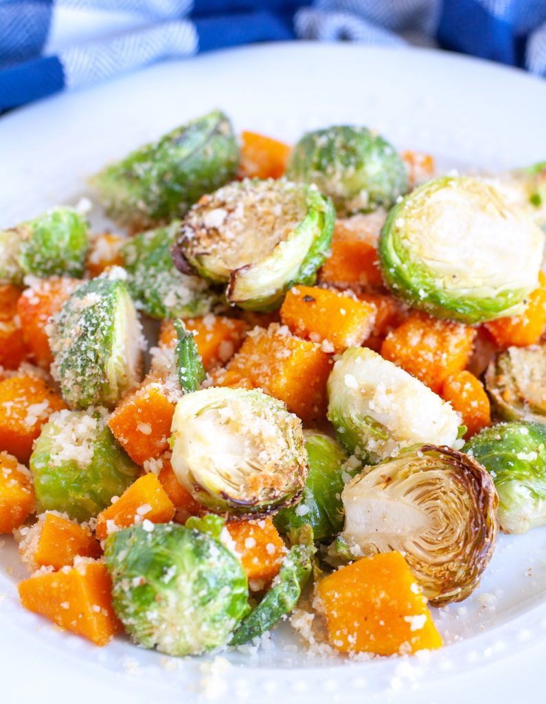 Plate of roasted Parmesan Brussels sprouts and butternut squash