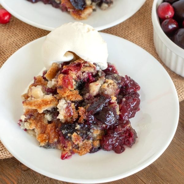 plate with cherry dump cake