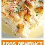 Piece of breakfast casserole and sauce.