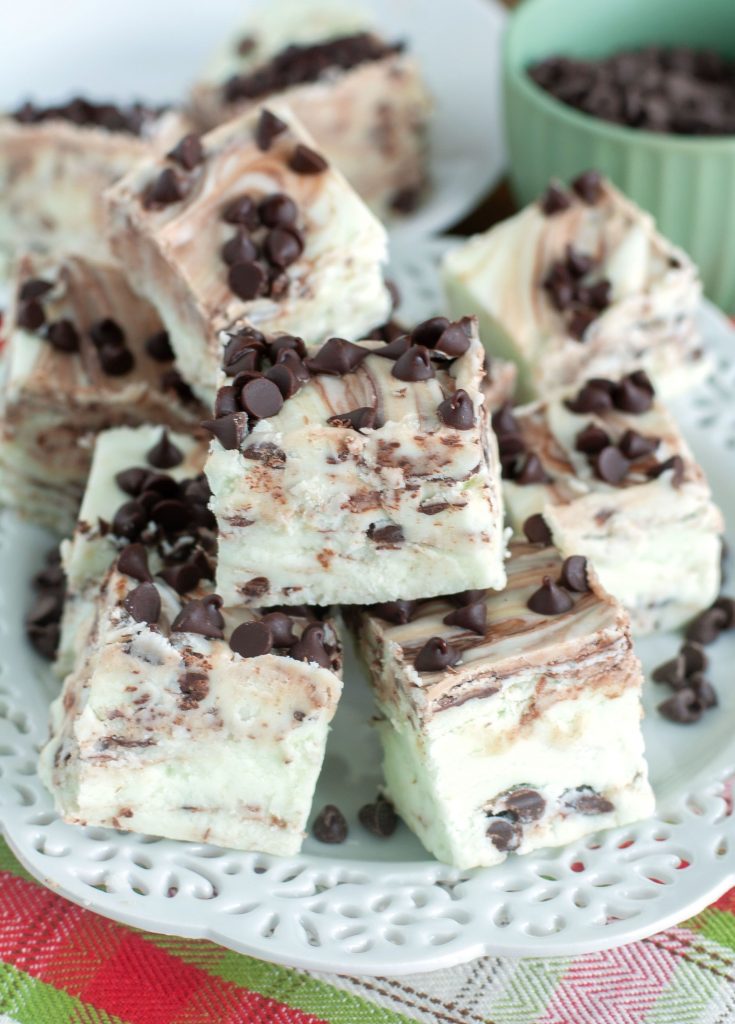 Plate of mint chocolate chip fudge stacked 