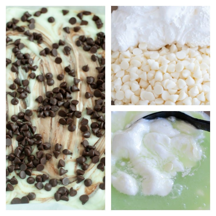 Mint chocolate chip fudge, white chocolate chips and marshmallow fluff, sugar mixture and fluff
