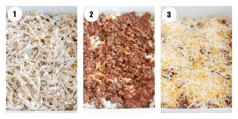 Steps to layering noodle bake. Noodles first, then beef sauce and then shredded cheese. 