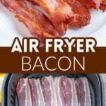Plate of bacon and uncooked bacon in an air fryer.