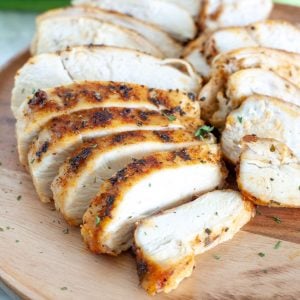 Sliced chicken breast on a plate