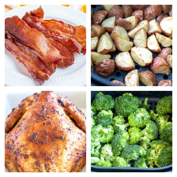 Picture of air fried chicken, air fried bacon, air fried potatoes and air fried broccoli