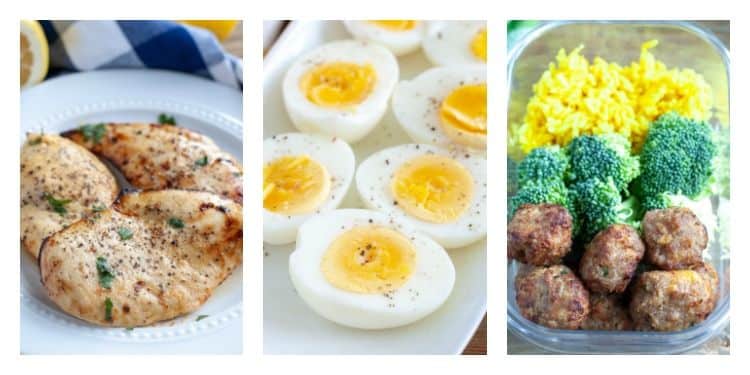 Pictures of air fried chicken breasts, air fried boiled eggs and air fried turkey meatballs