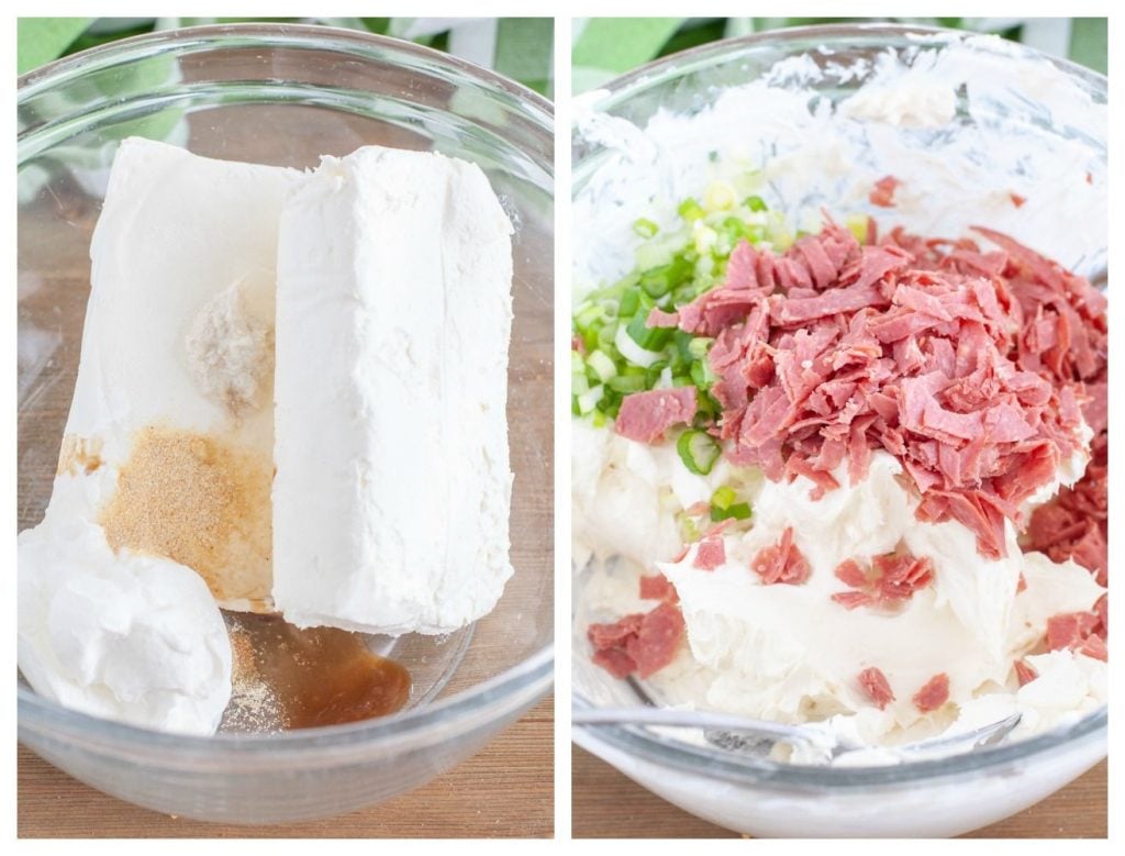 2 picture collage, a glass bowl with dip ingredients and a glass bowl with cream cheese, chipped beef and green onipn
