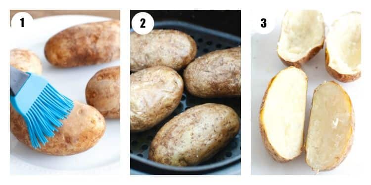 Brushing potato olive oil, baked potato in air fryer, baked potato cut down middle