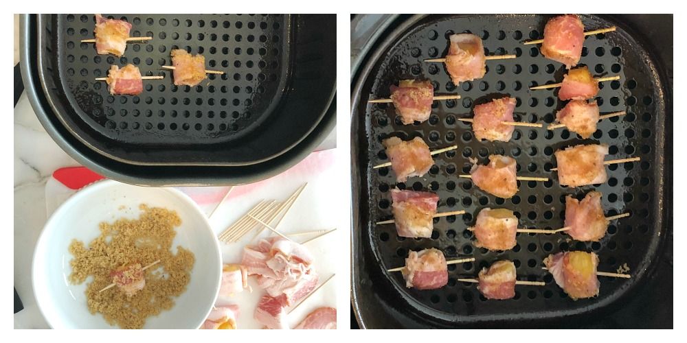 2 photo collage, air fryer basket with bacon wrapped pineapple and bowl with brown sugar and bacon wrapped pineapple