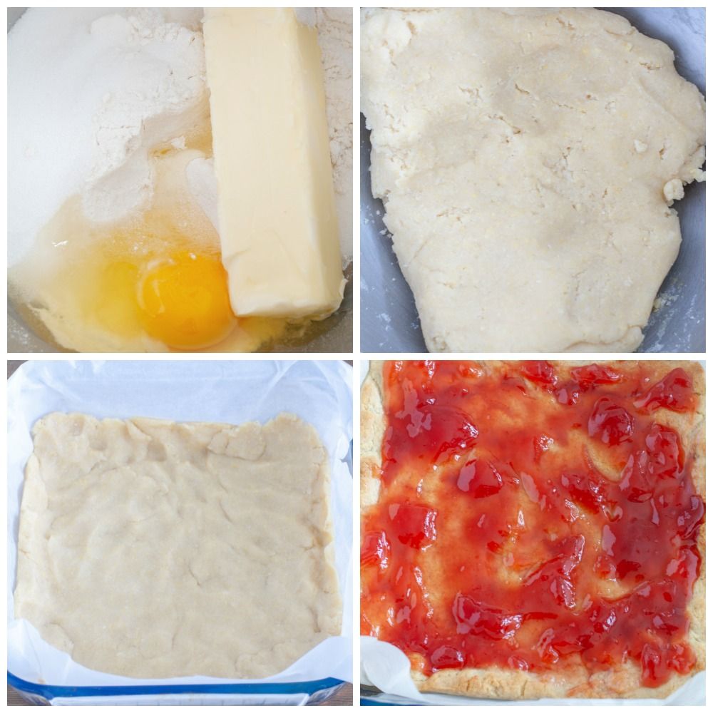 4 pictures, mix bowl with egg butter and sugar, dough formed, dough pressed into dish, strawberry jelly over crust