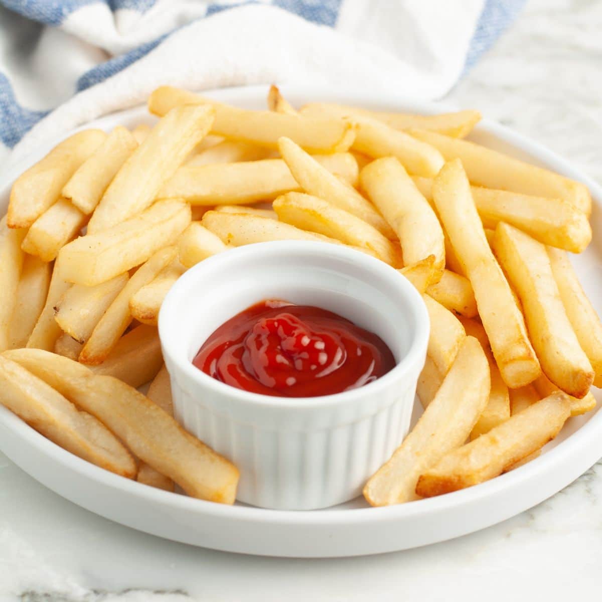 Plate of french fries with a bowl of ketchup.