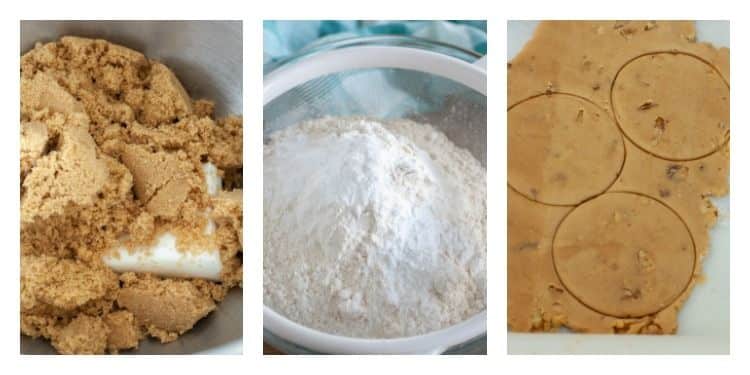 3 pictures, mix bowl with brown sugar and shortening, bowl of flour and rolled out dough