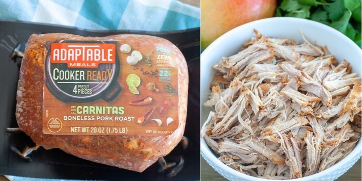 Adaptable Meal Pork Roast in packaging, Bowl with shredded carnitas