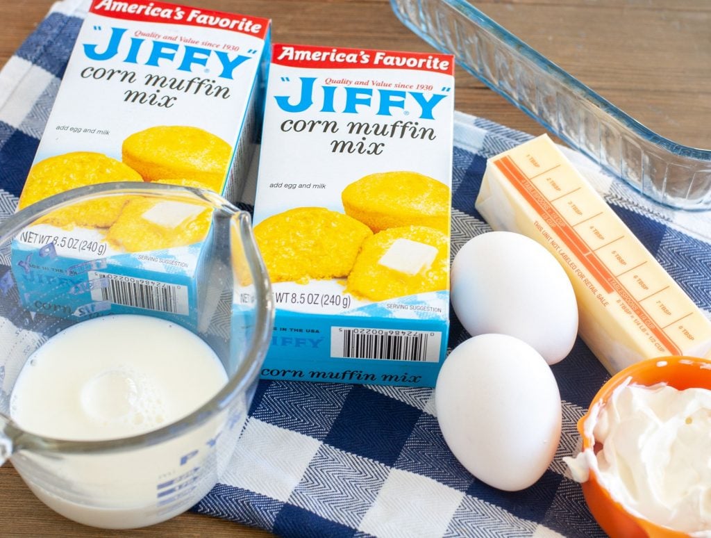 2 boxes of Jiffy Corn muffin mix, eggs, milk, sour cream and butter