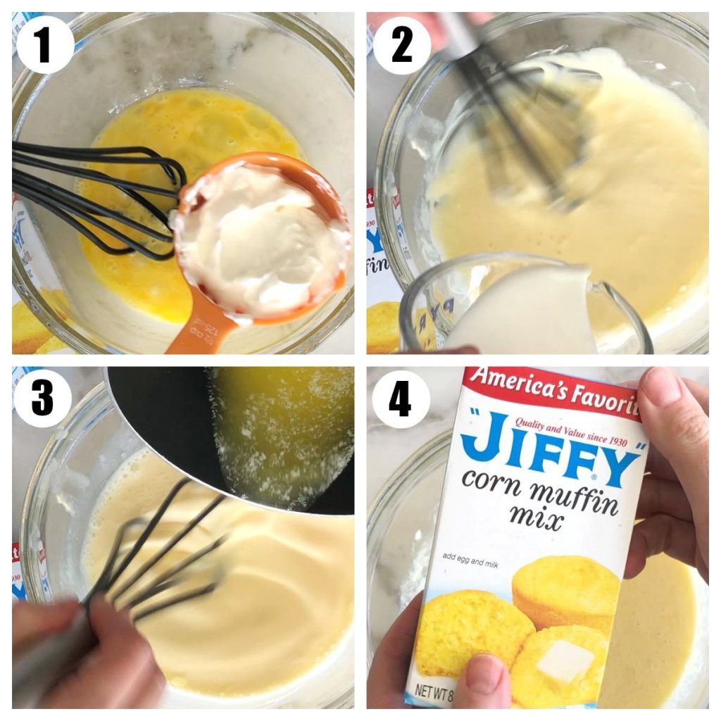 Eggs and sour cream in a bowl with butter and a box of jiffy corn muffin mix