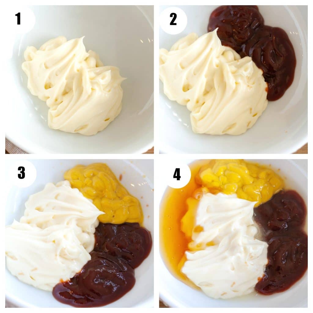 Steps to making sauce, bowl with mayo, bowl with mayo and BBQ, bowl with mayo, bbq, mustard, and bowl with honey