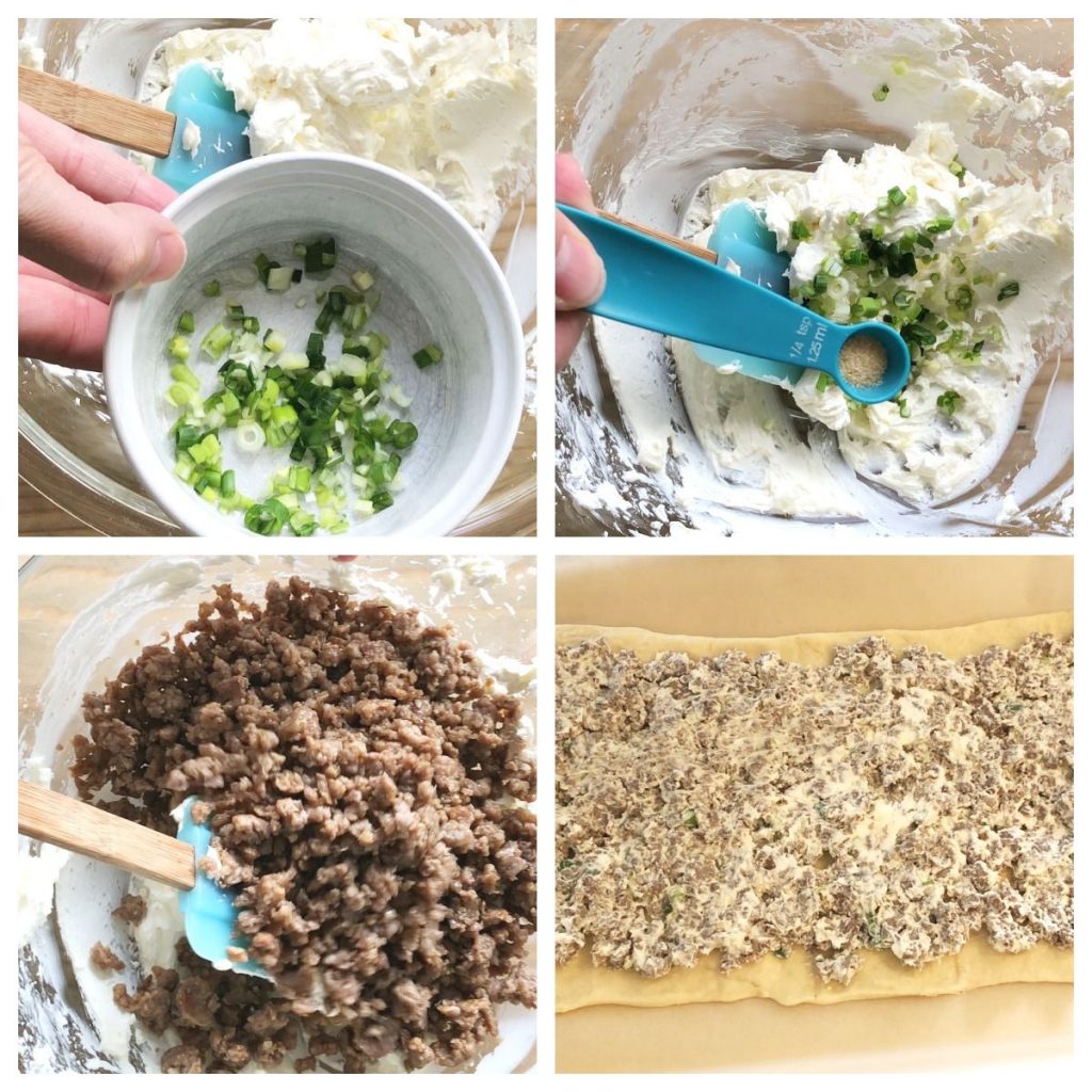 Green onions, garlic powder, sausage, mixture on crescent roll dough