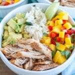 Bowl with shredded carnitas, mango salsa, rice and avocado