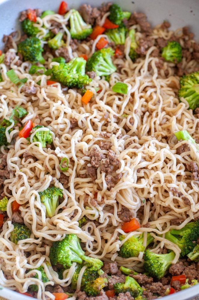Beef, ramen, vegetables