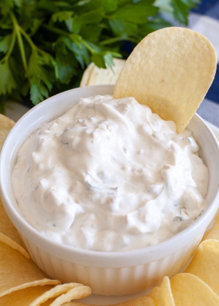Dip in a bowl with potato chip