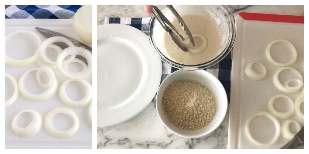 Rings of onions and bowl with batter and panko crumbs