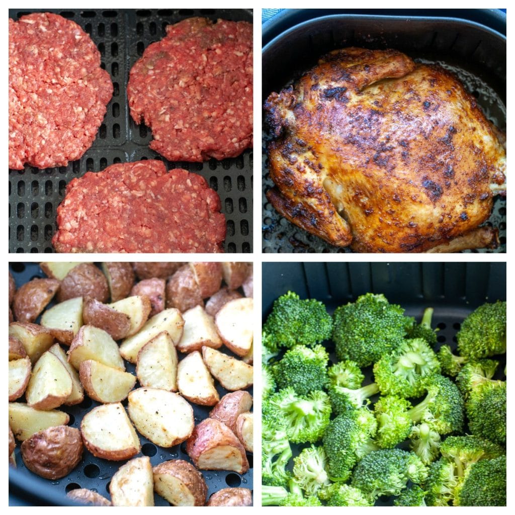 hamburger patties, chicken, potatoes and broccoli