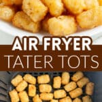 Plate of tater tots and tater tots in the air fryer basket.