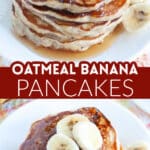 Stack of oatmeal pancakes topped with sliced bananas.