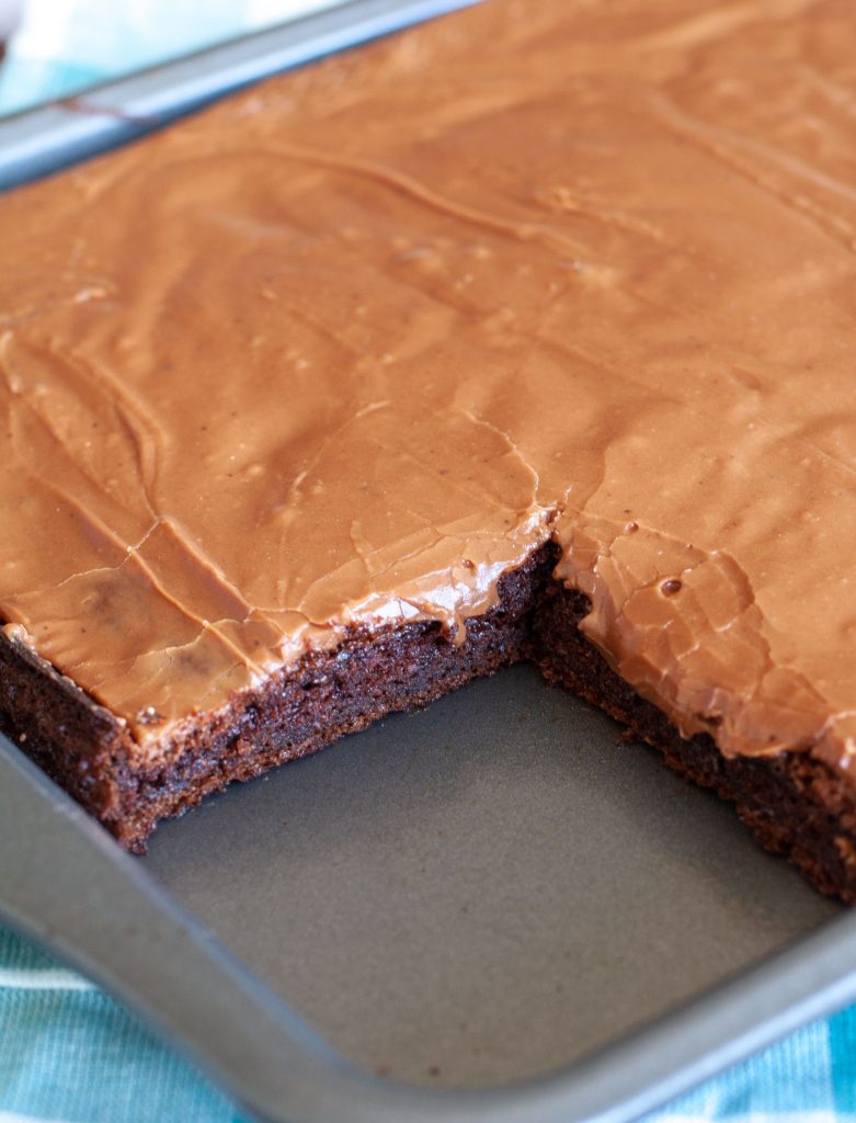 Chocolate cake in a pan with piece missing