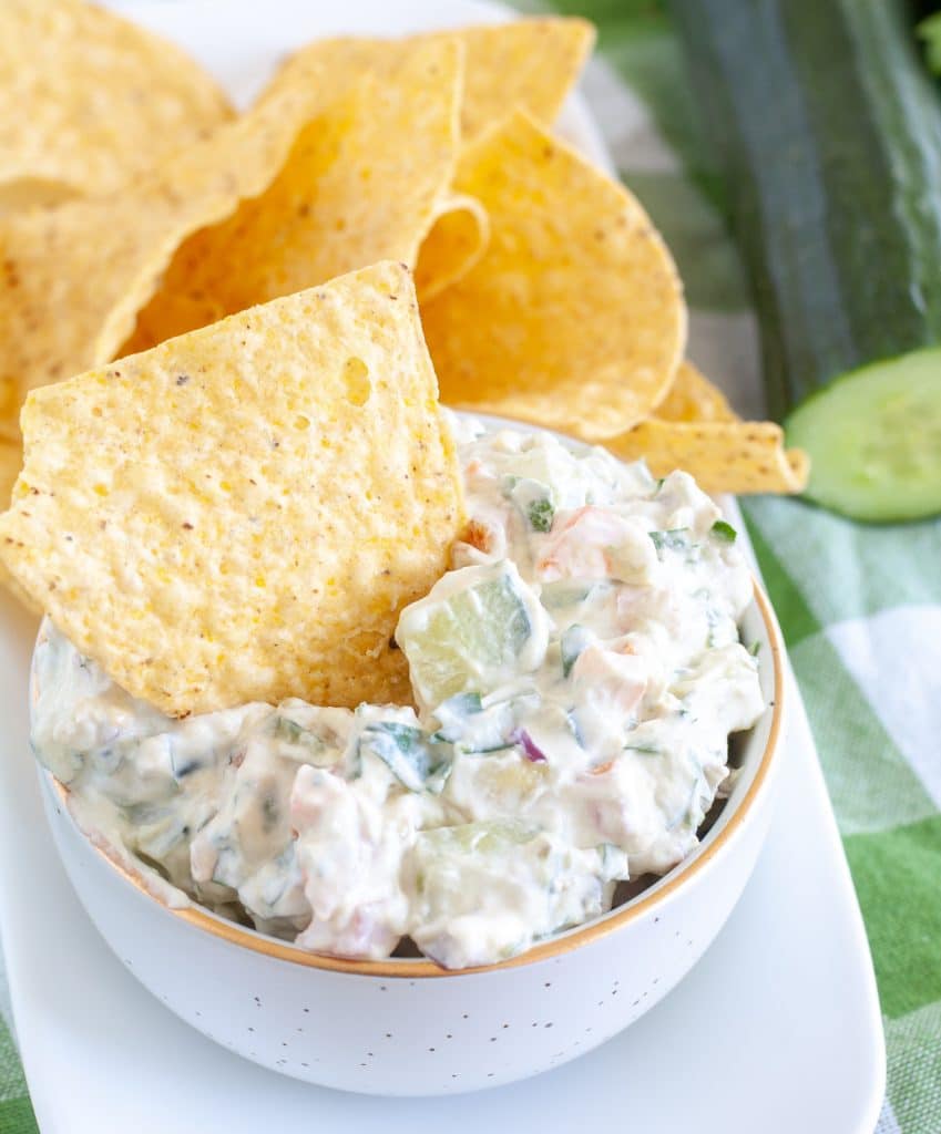 Bowl of dip with tortilla chip in it