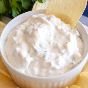 French Onion Dip in a bowl with a chip.